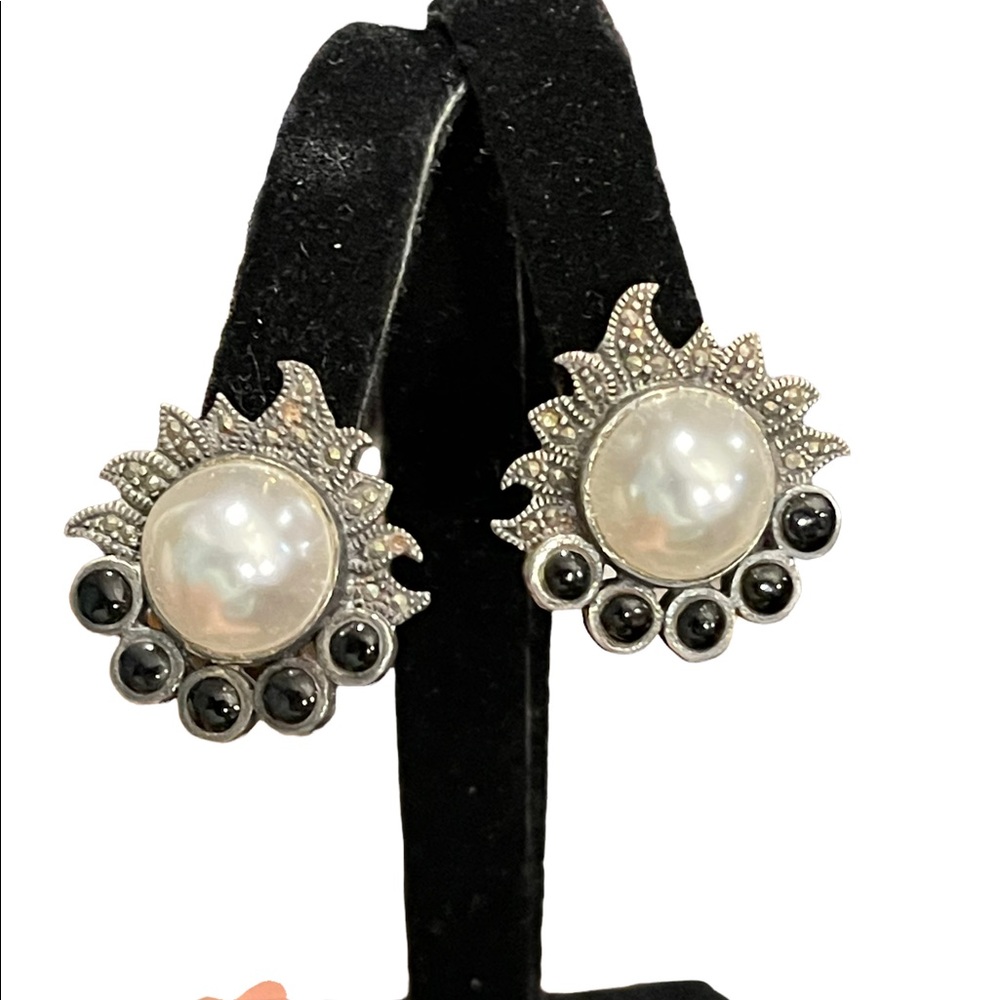 Vintage Sterling silver 925 Black onyx pearl marcasite earrings - Picture 8 of 8